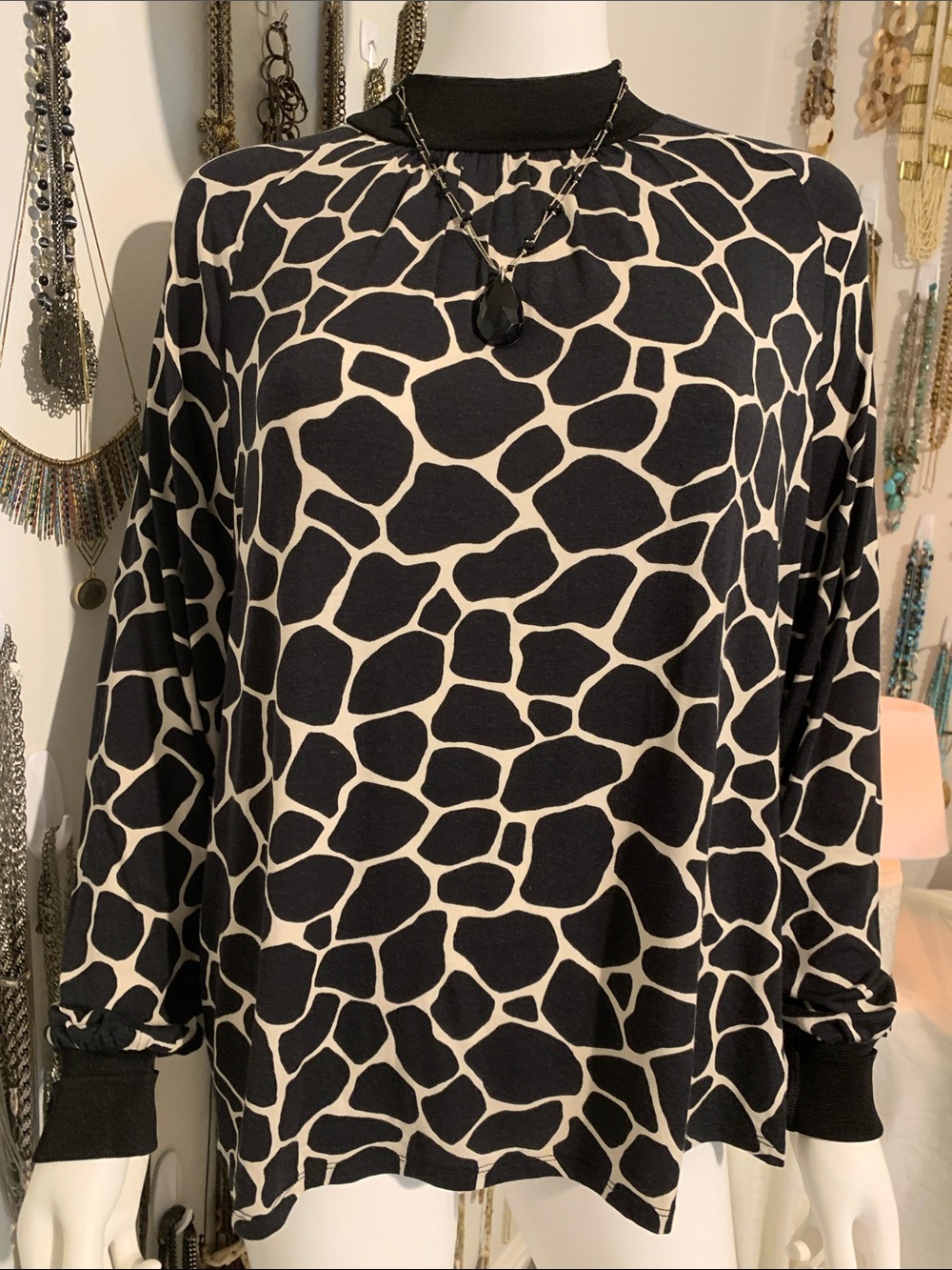 Ann Taylor Black and Cream Giraffe-Print Pullover with necklace